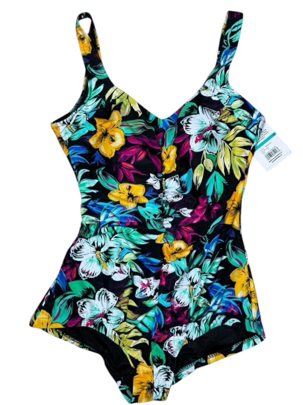 Maxine of Hollywood Shirred Girl Leg Swimsuit 16 One-Piece Floral Multicolor NWT